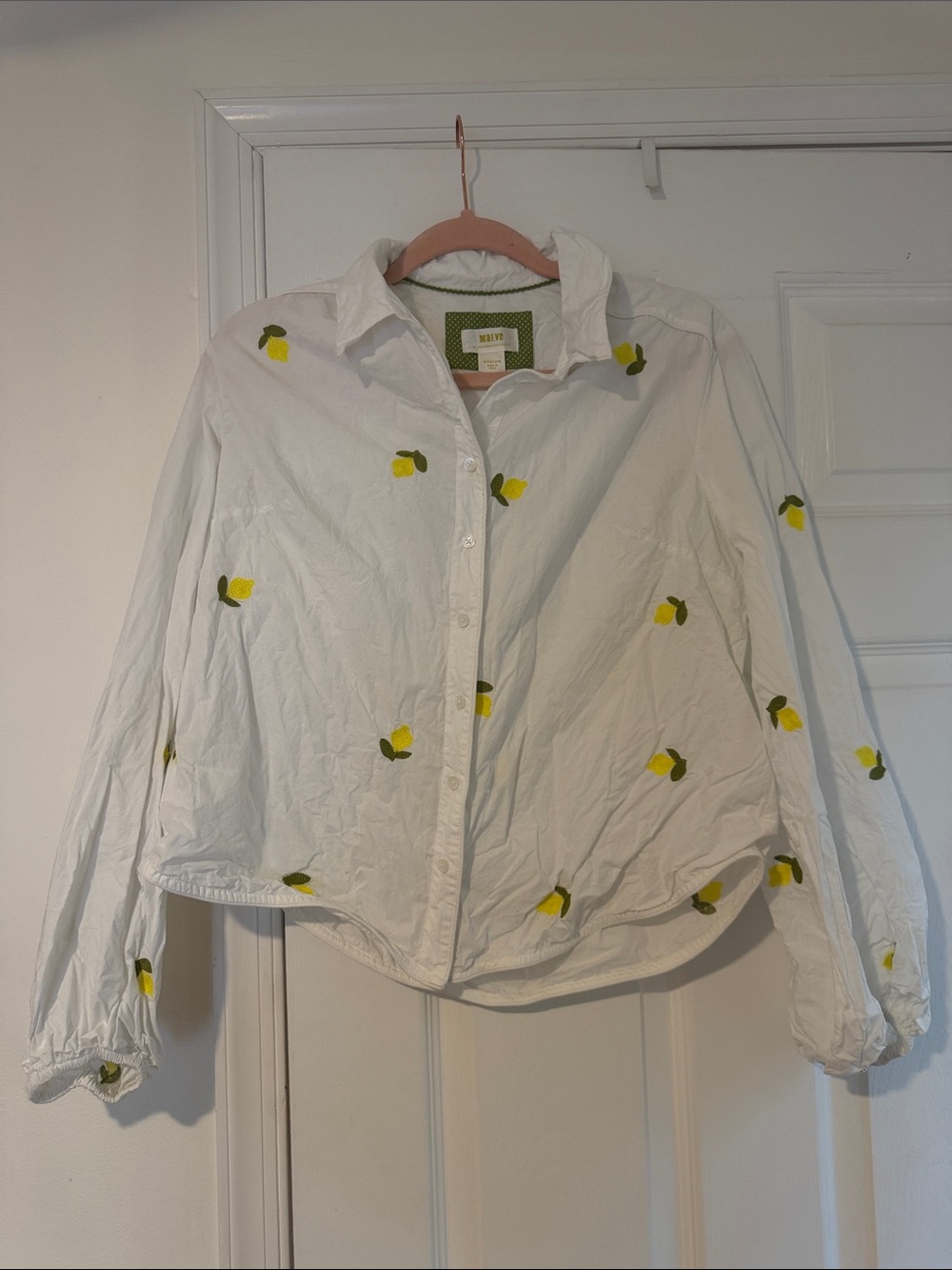 Anthropologie White Button-Front Jacket with Yellow Lemon Motif